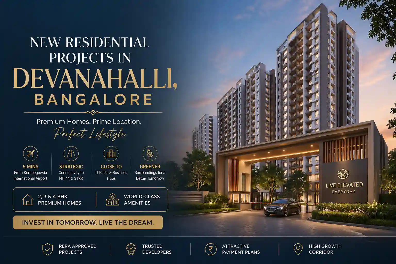 Aerial view of Devanahalli North Bangalore with upcoming apartments, green spaces and wide roads near airport